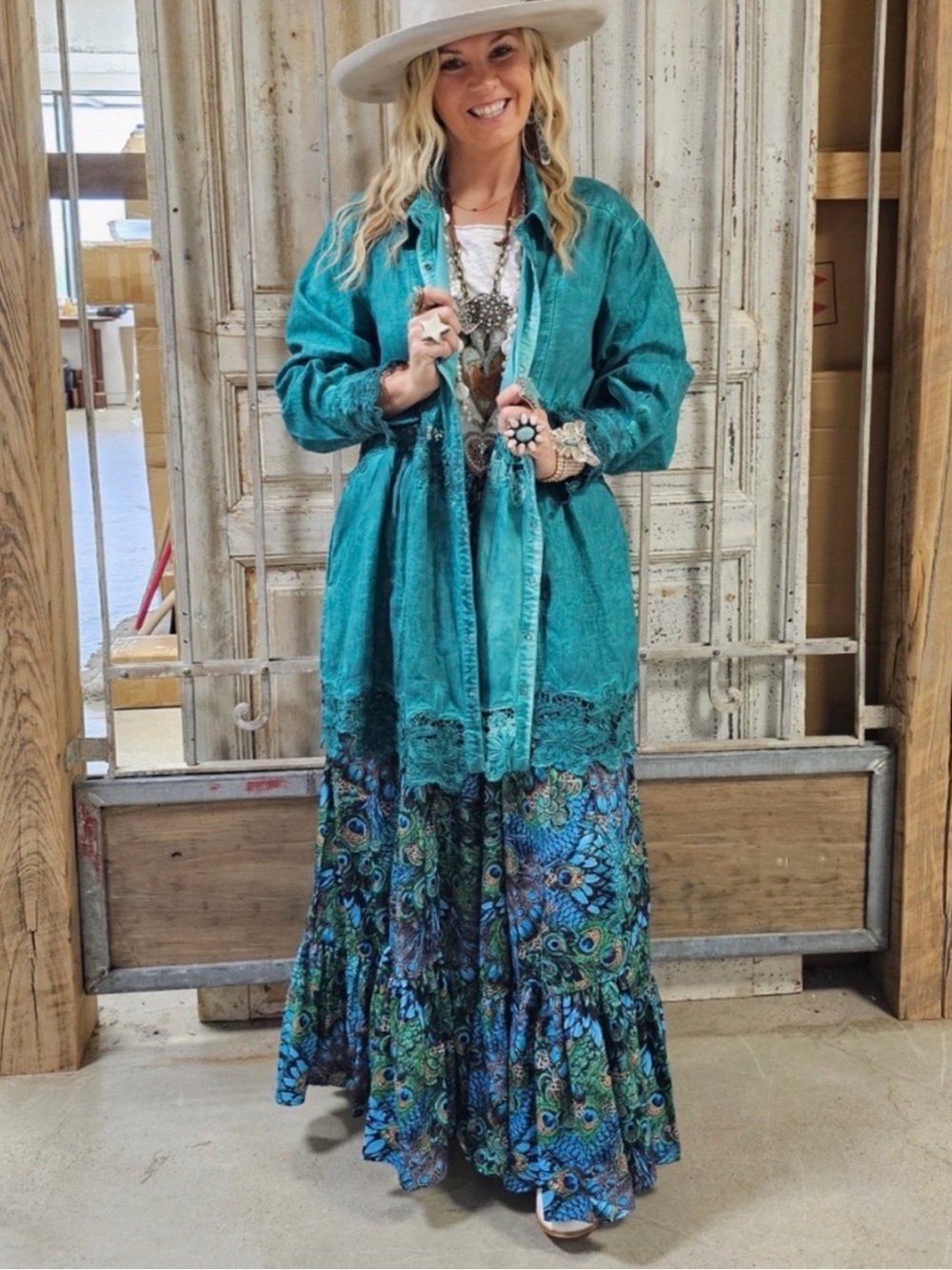 A Rare Bird Palazzo Peacock Boho Teal Pants NWT